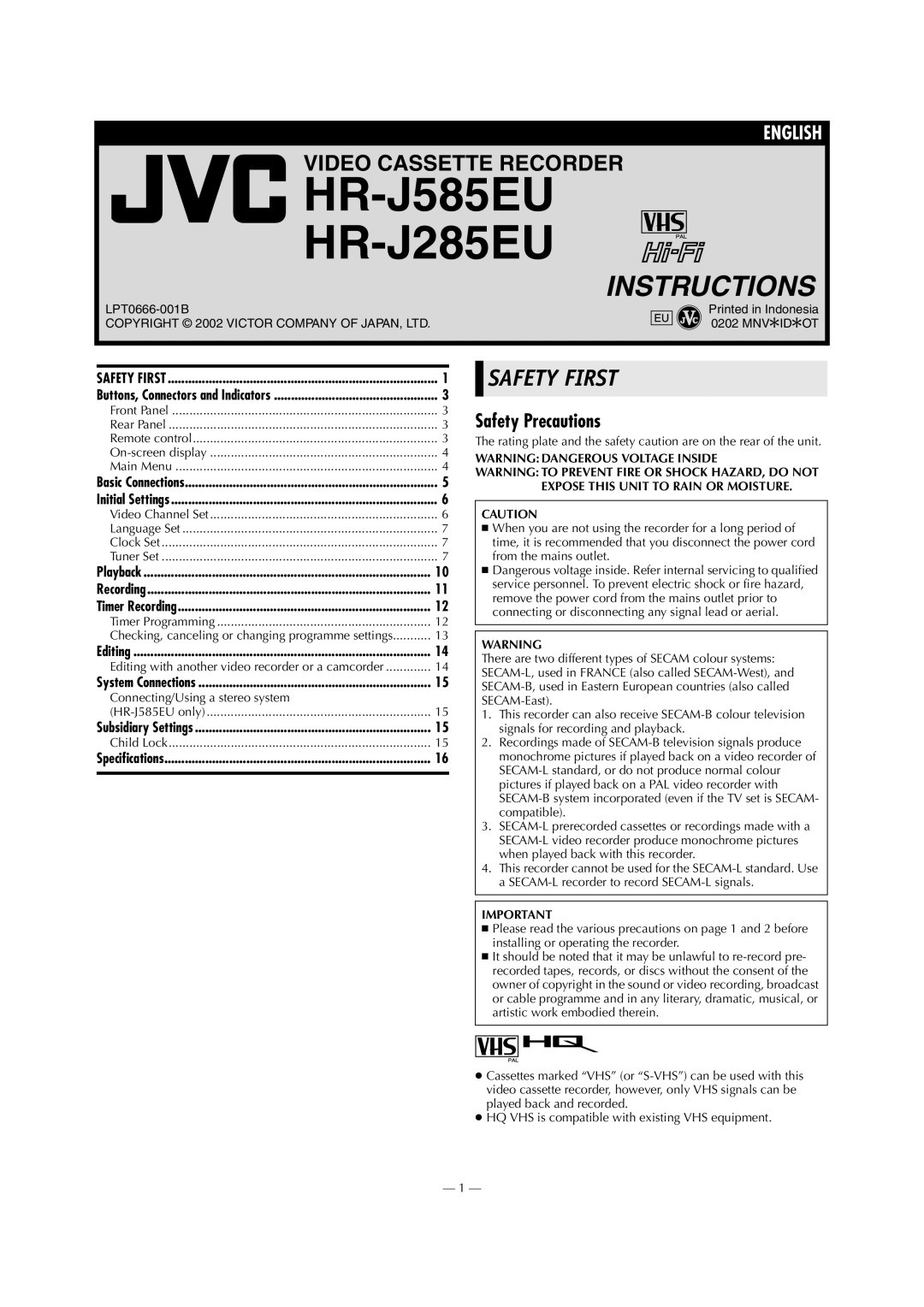 JVC HR-J285EU specifications Safety Precautions, Timer Programming, Connecting/Using a stereo system HR-J585EU only 