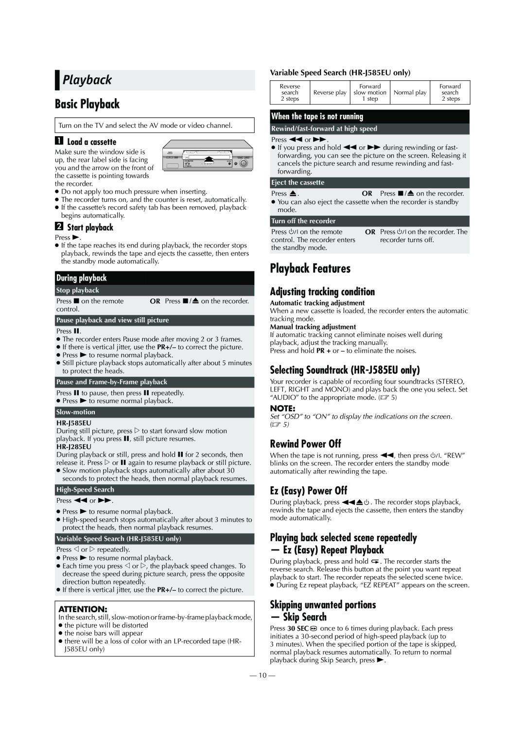 JVC HR-J585EU, HR-J285EU specifications Basic Playback, Playback Features 