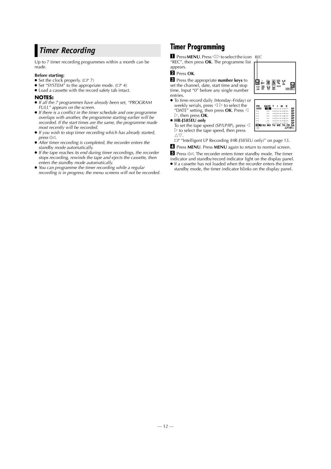 JVC HR-J285EU specifications Timer Recording, Timer Programming, Before starting, HR-J585EU only 