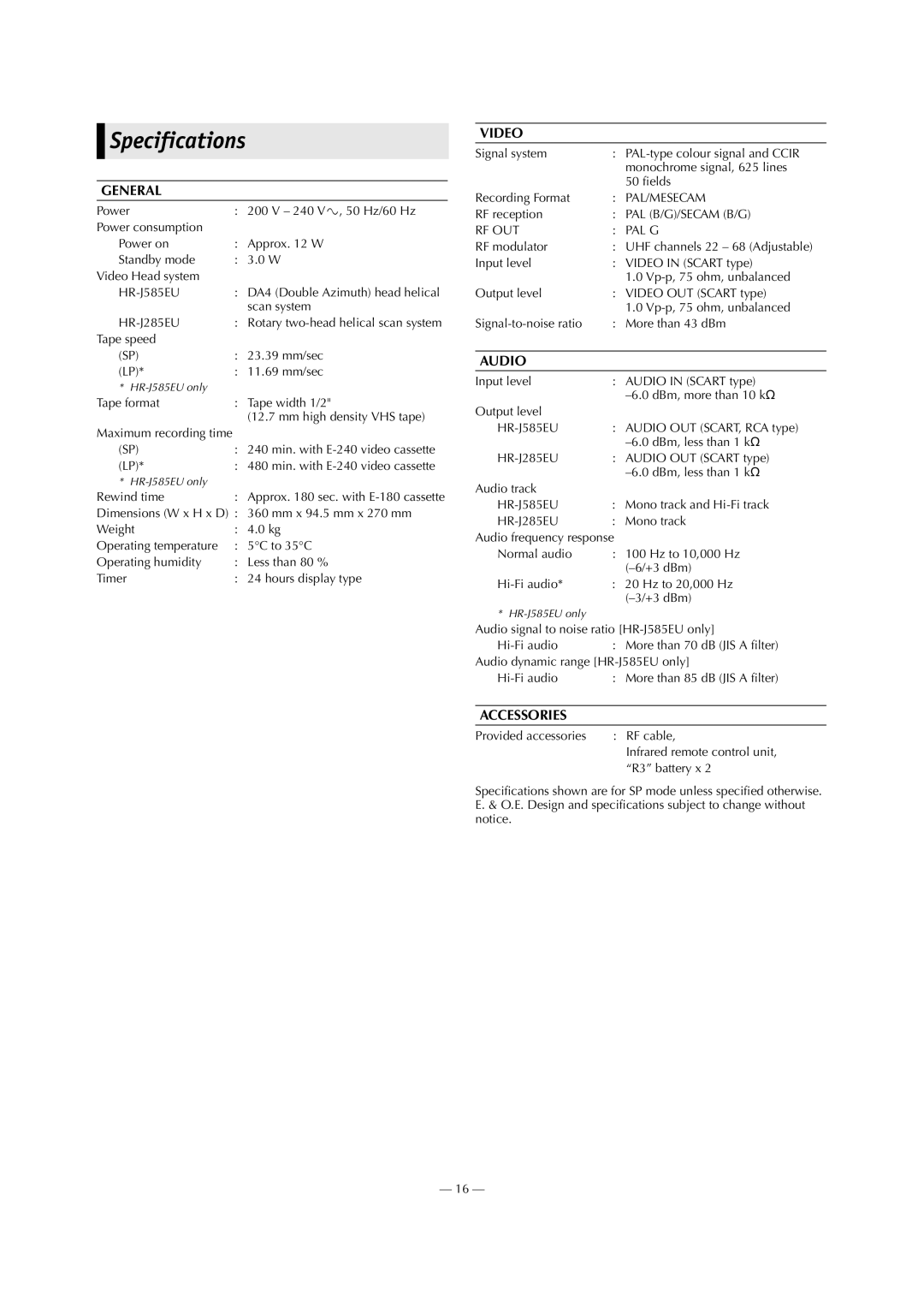 JVC HR-J585EU, HR-J285EU specifications Specifications 