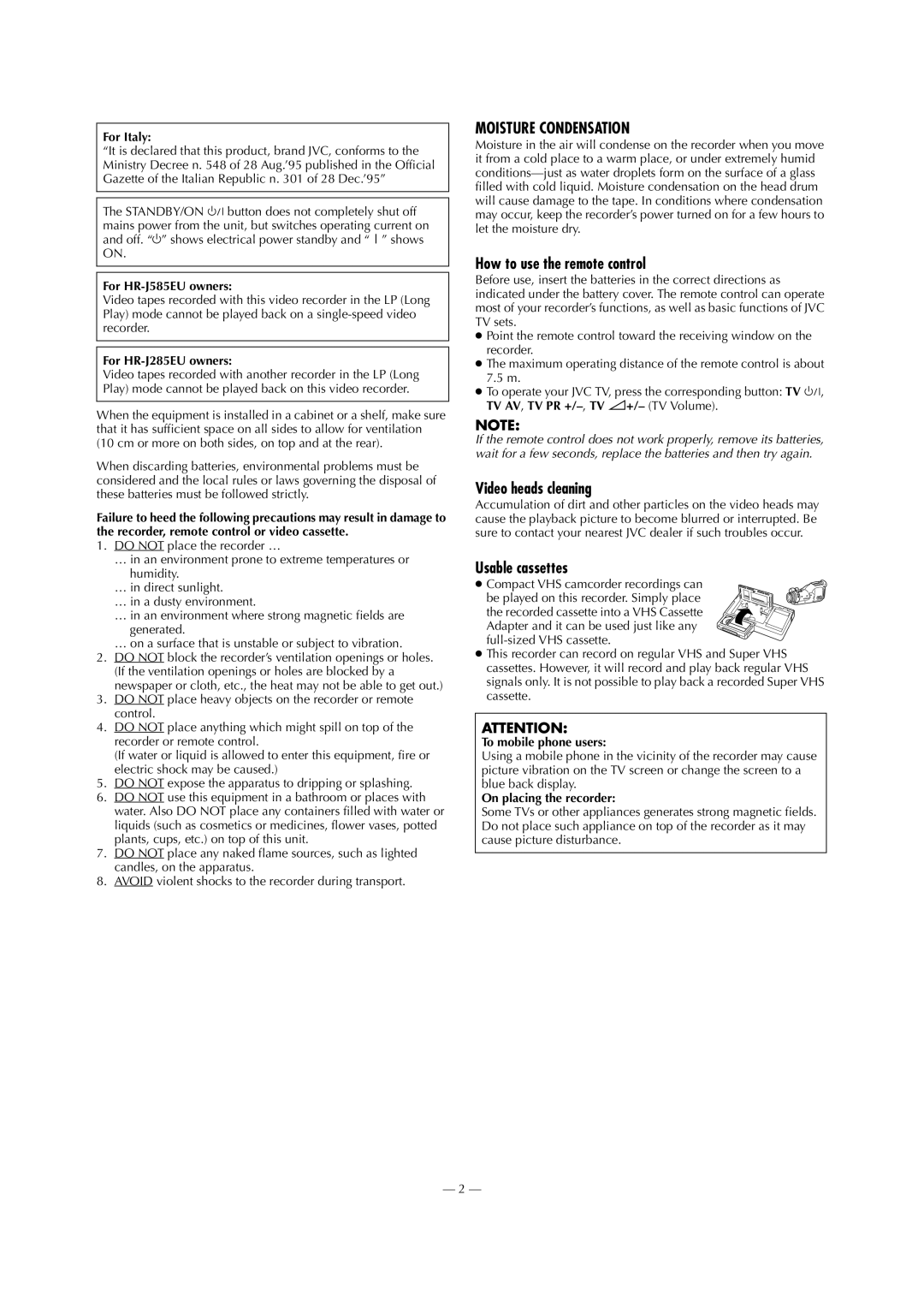 JVC HR-J585EU, HR-J285EU specifications How to use the remote control, Video heads cleaning, Usable cassettes 