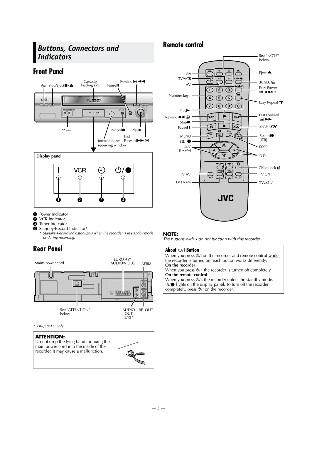 JVC HR-J285EU, HR-J585EU specifications Buttons, Connectors, Indicators, Front Panel, Rear Panel, About 1Button 