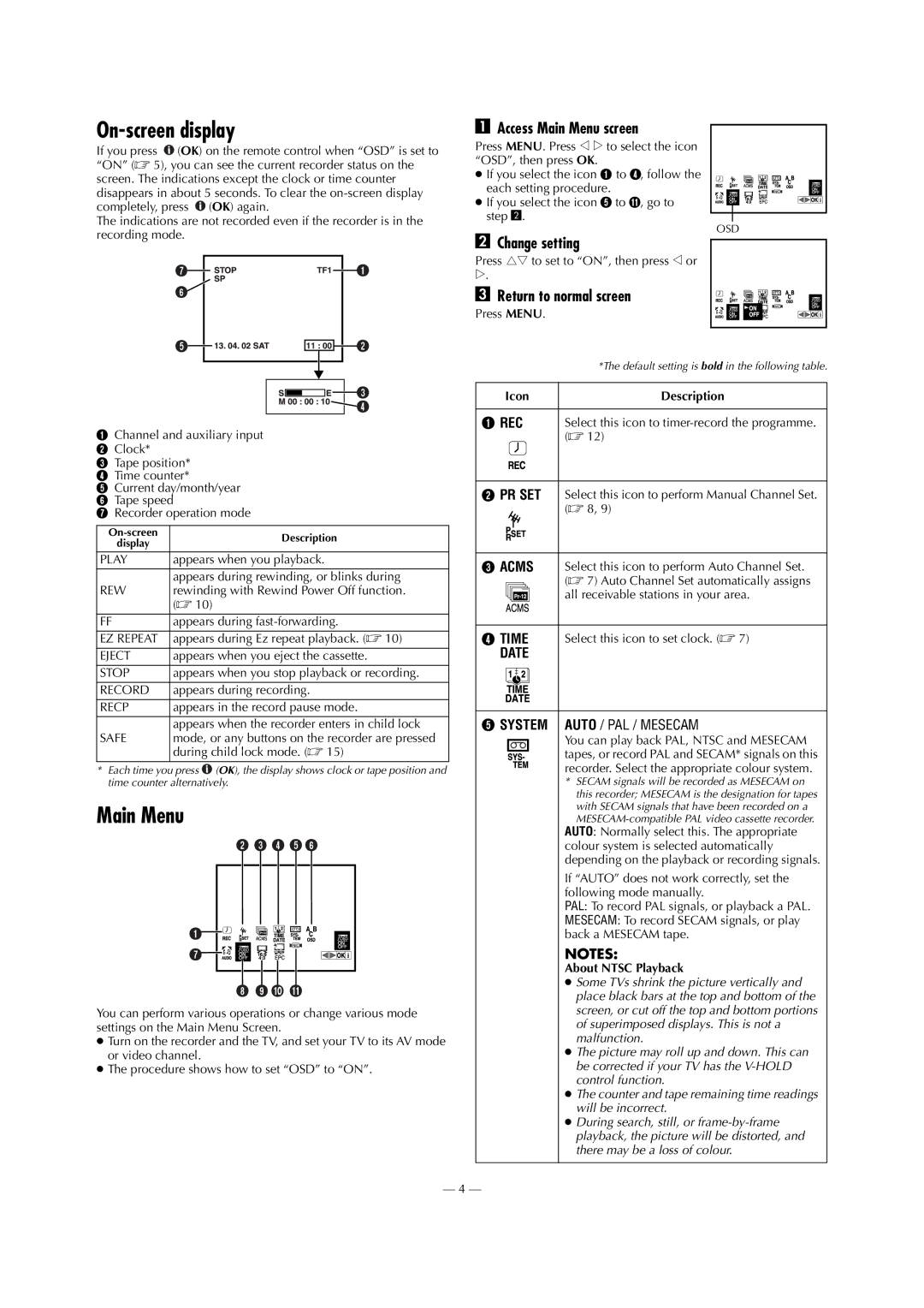 JVC HR-J585EU, HR-J285EU On-screen display, Access Main Menu screen, Change setting, Return to normal screen 