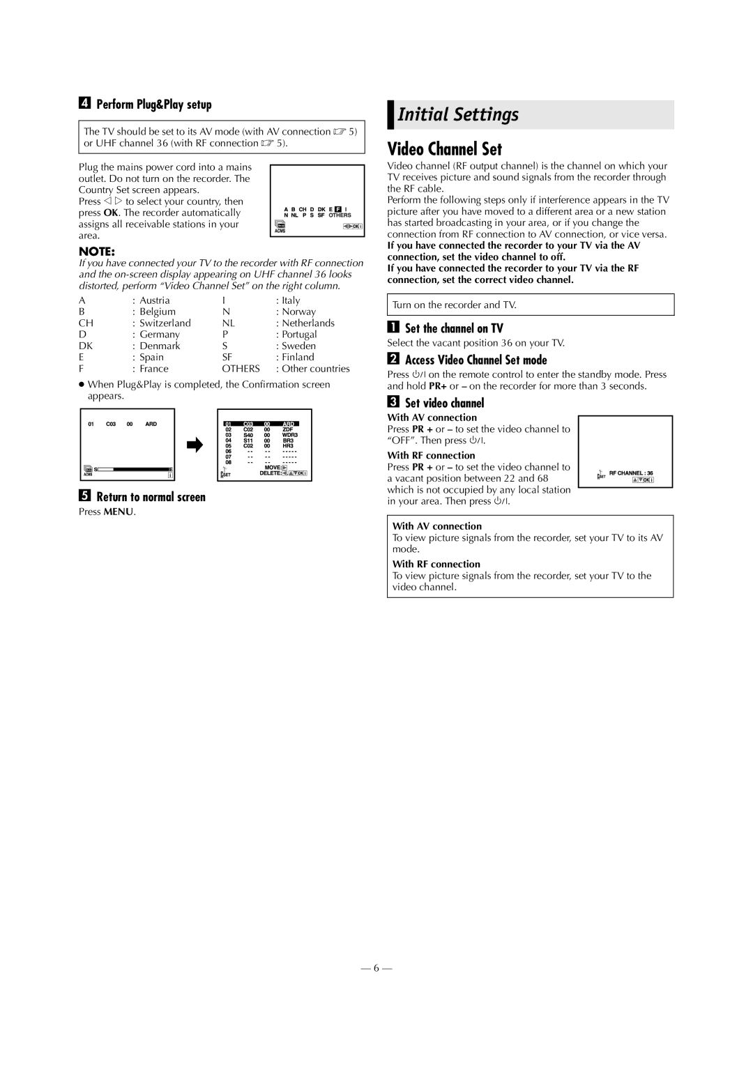 JVC HR-J585EU, HR-J285EU specifications Initial Settings, Video Channel Set 