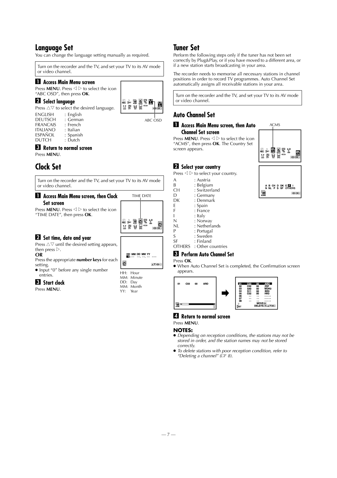 JVC HR-J285EU, HR-J585EU specifications Language Set, Clock Set, Tuner Set, Auto Channel Set 