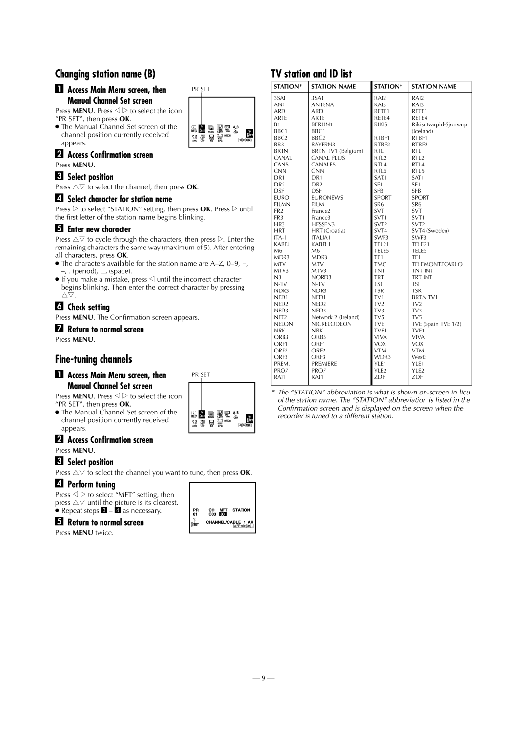 JVC HR-J285EU, HR-J585EU specifications Changing station name B, Fine-tuning channels, TV station and ID list 