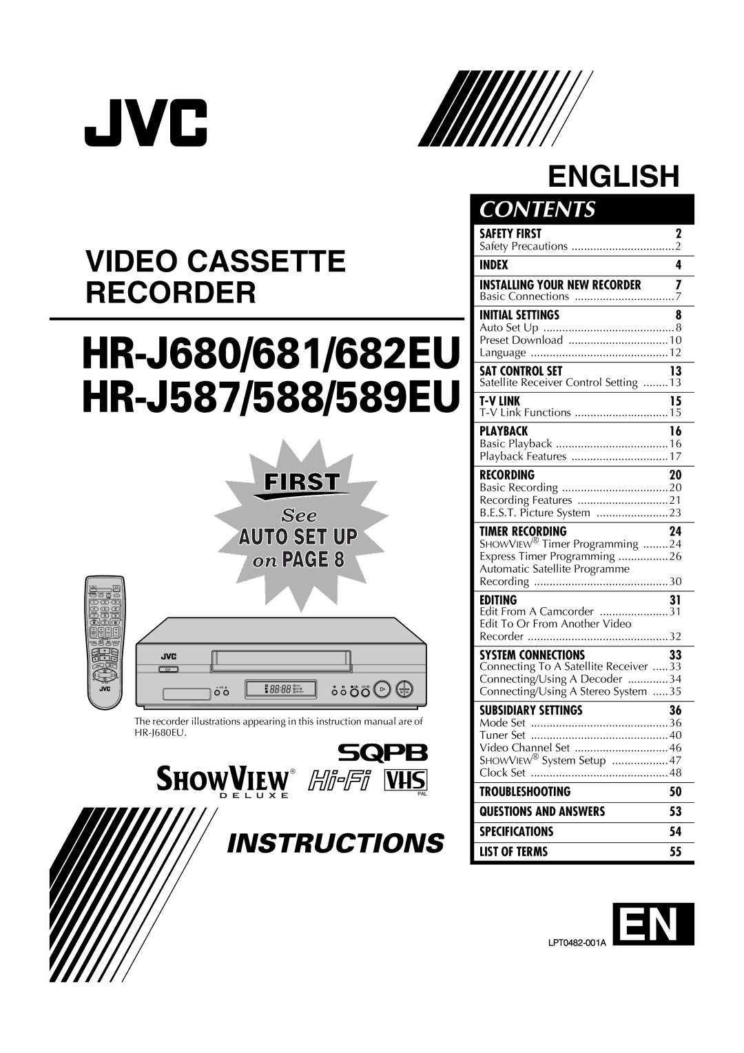 JVC HR-J588, HR-J589EU, HR-J682EU, HR-J681 instruction manual Video Cassette Recorder 