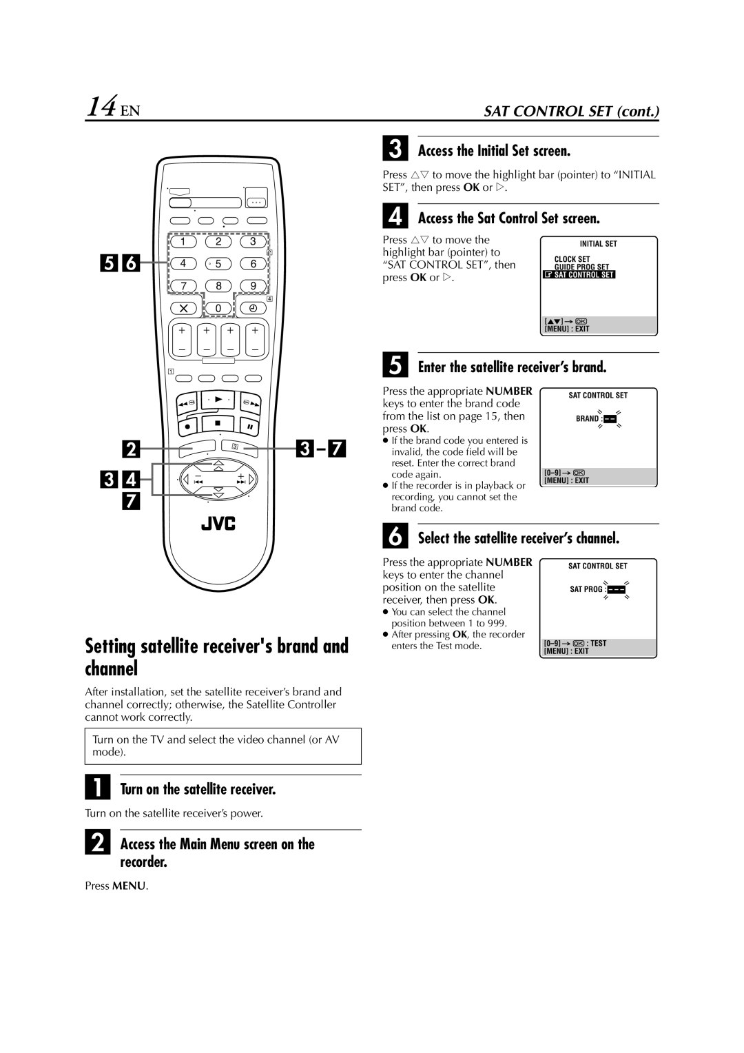 JVC HR-J682EU, HR-J589EU, HR-J588, HR-J681 instruction manual 14 EN, Setting satellite receivers brand and channel 