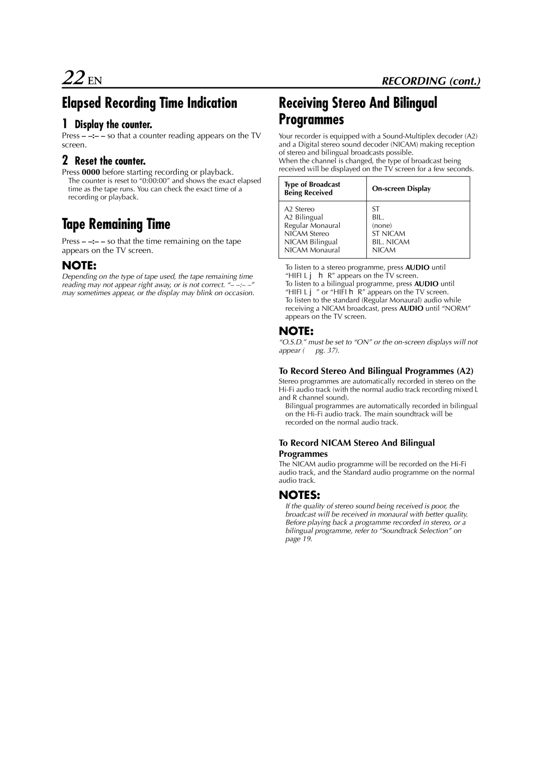 JVC HR-J682EU, HR-J589EU 22 EN, Tape Remaining Time, Receiving Stereo And Bilingual Programmes, Display the counter 