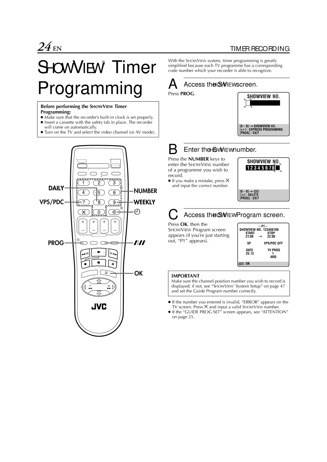 JVC HR-J589EU, HR-J588 24 EN, Access the Showview screen, Enter the Showview number, Access the Showview Program screen 