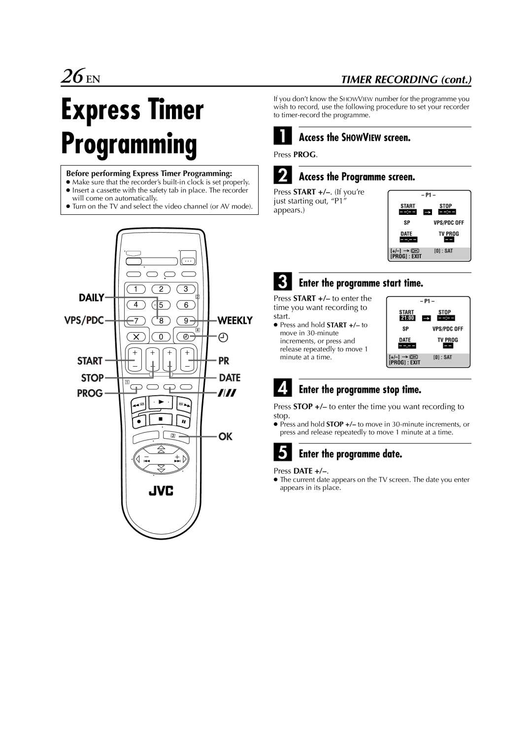 JVC HR-J682EU, HR-J589EU, HR-J588, HR-J681 instruction manual Express Timer Programming, 26 EN 