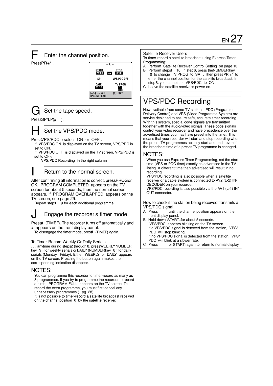 JVC HR-J681, HR-J589EU VPS/PDC Recording, Enter the channel position, Press PR +, To Timer-Record Weekly Or Daily Serials 