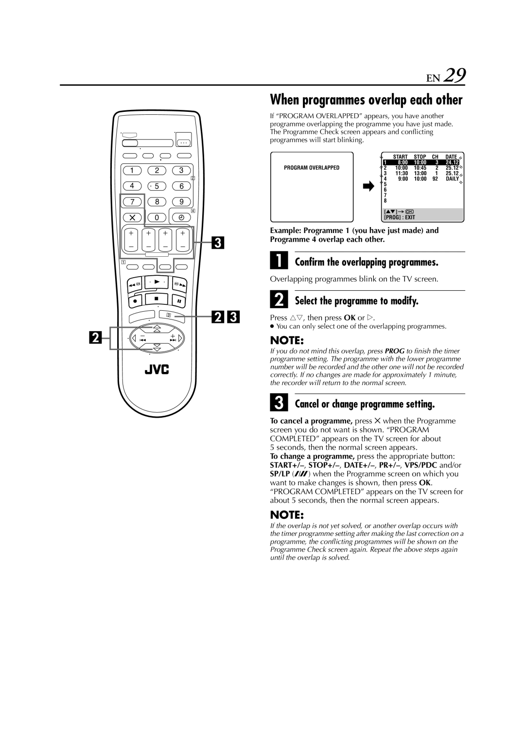 JVC HR-J588 Confirm the overlapping programmes, Select the programme to modify, Cancel or change programme setting 