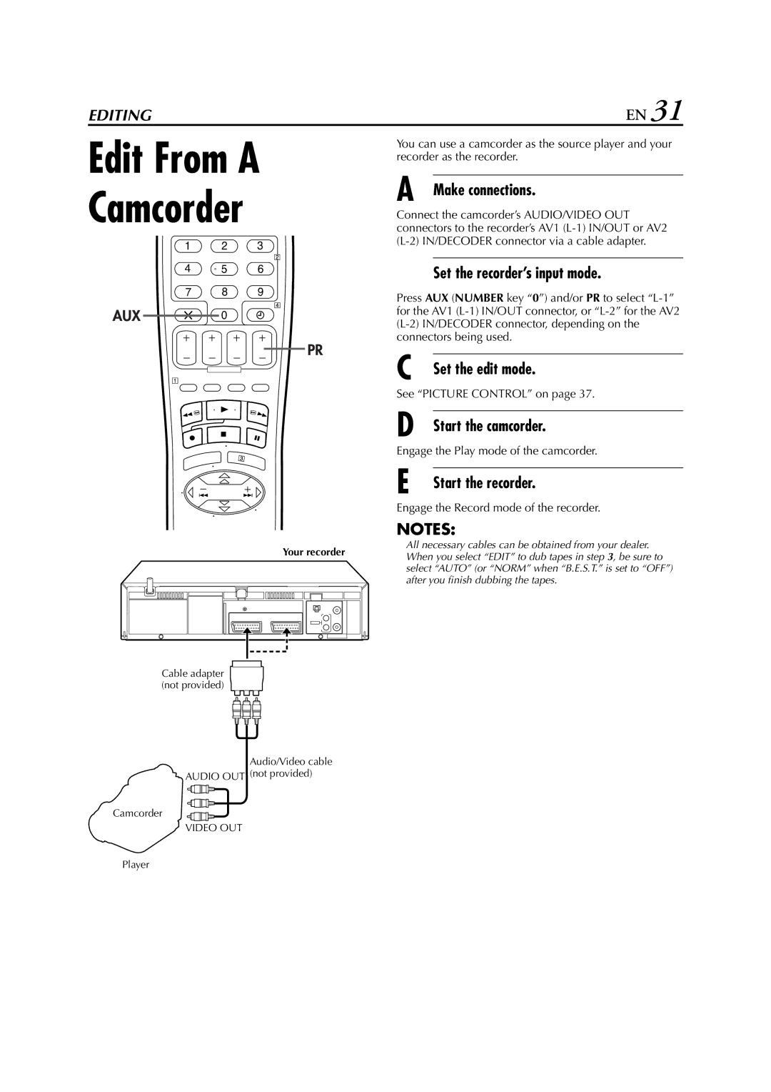 JVC HR-J681, HR-J589EU Edit From a Camcorder, Set the recorder’s input mode, Set the edit mode, Start the camcorder 