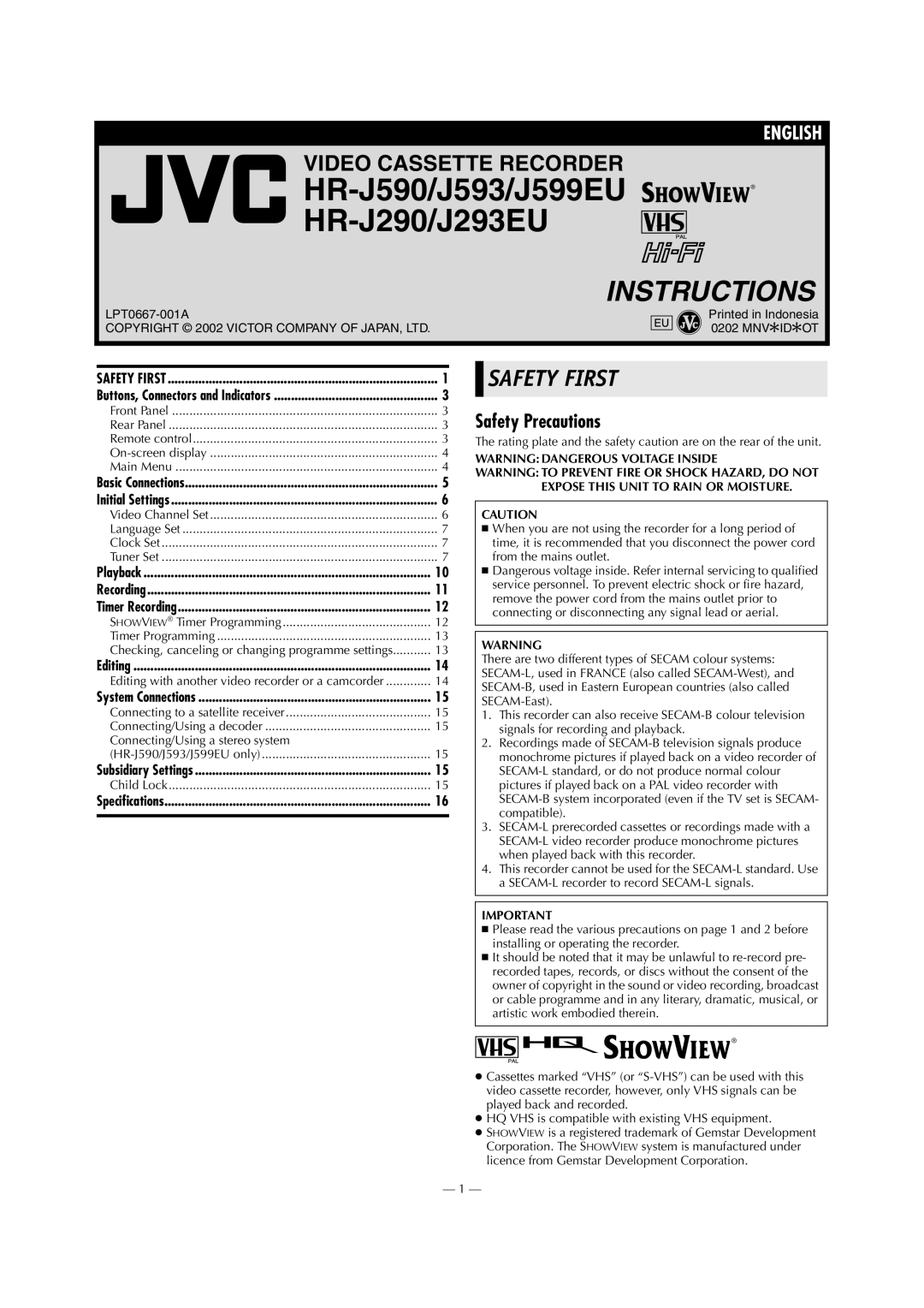 JVC J293EU specifications Safety Precautions, Showview Timer Programming, Connecting/Using a stereo system, Child Lock 