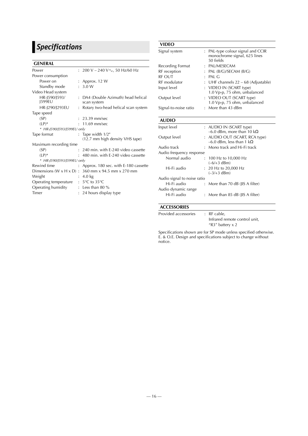 JVC HR-J590, J293EU, J599EU HR-J290, J593 specifications Specifications 