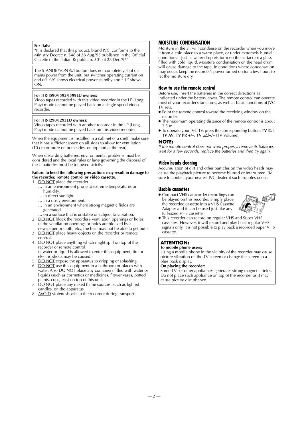 JVC J599EU HR-J290, HR-J590, J293EU, J593 specifications How to use the remote control, Video heads cleaning, Usable cassettes 