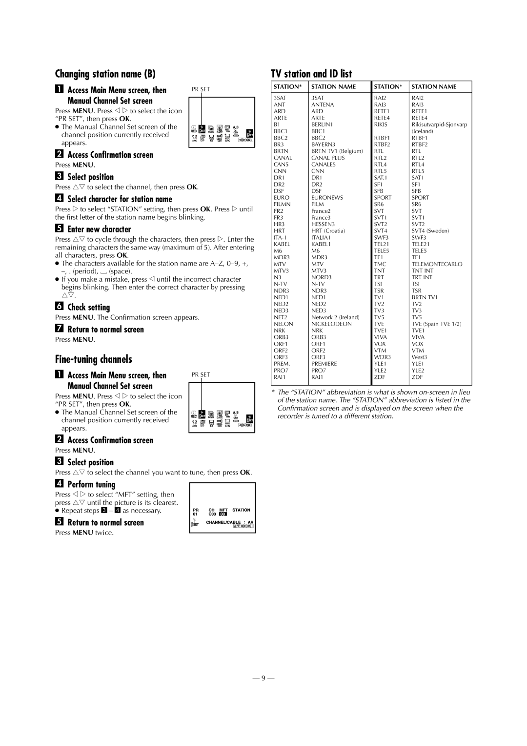 JVC J293EU, HR-J590, J599EU HR-J290, J593 specifications Changing station name B, Fine-tuning channels, TV station and ID list 