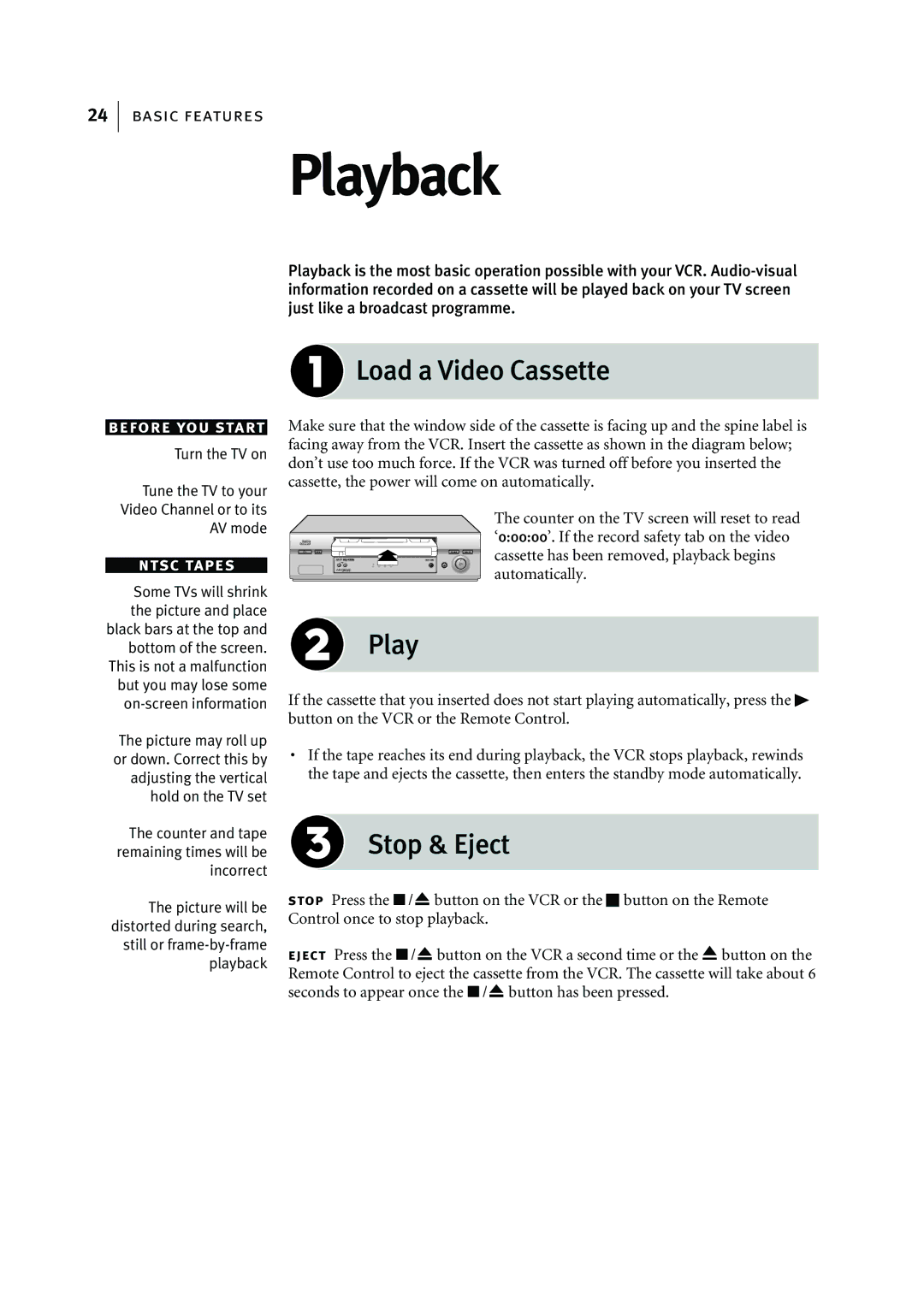 JVC HR-J595EK manual Playback, Load a Video Cassette, Stop & Eject 