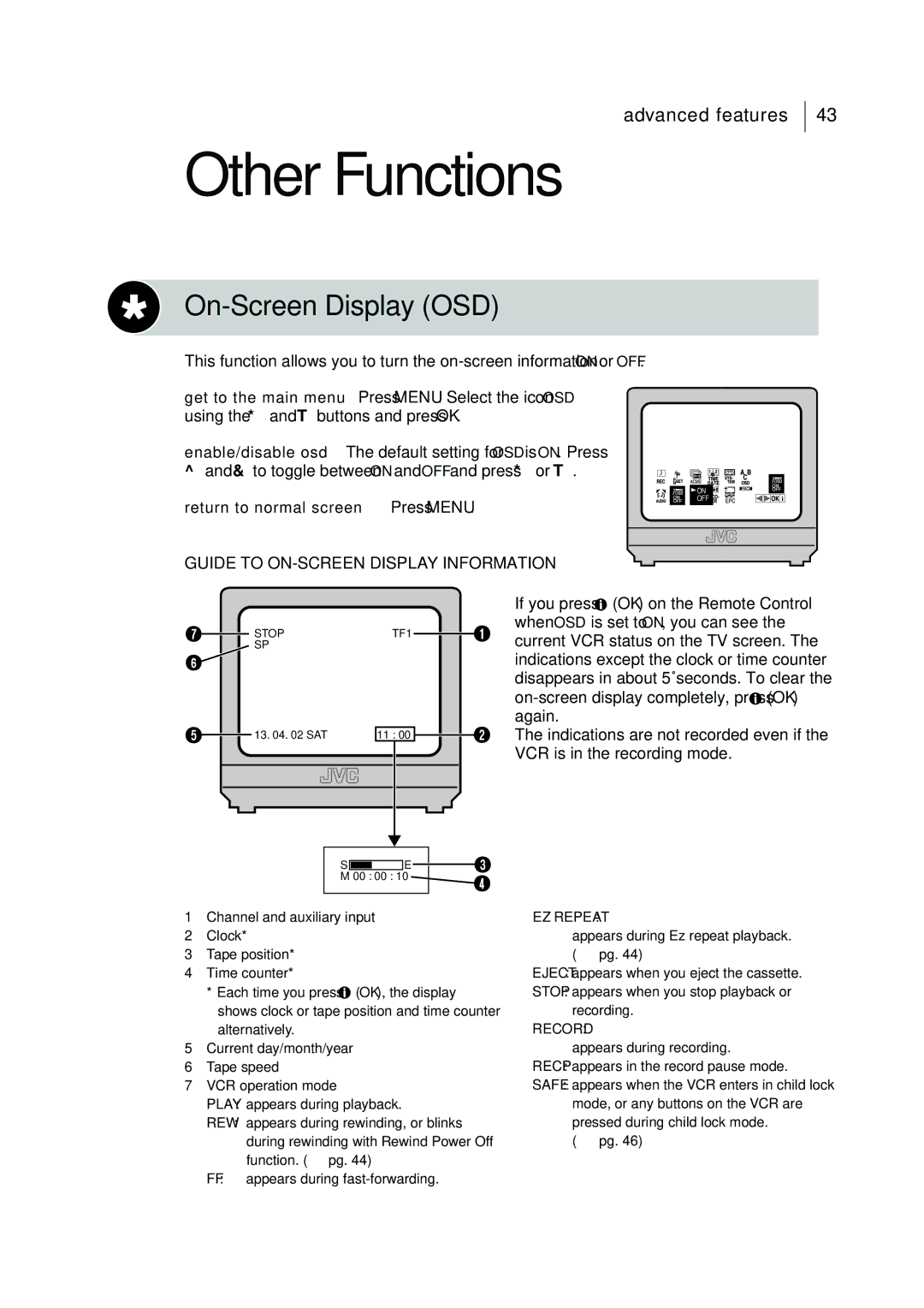 JVC HR-J595EK manual Other Functions, On-Screen Display OSD 