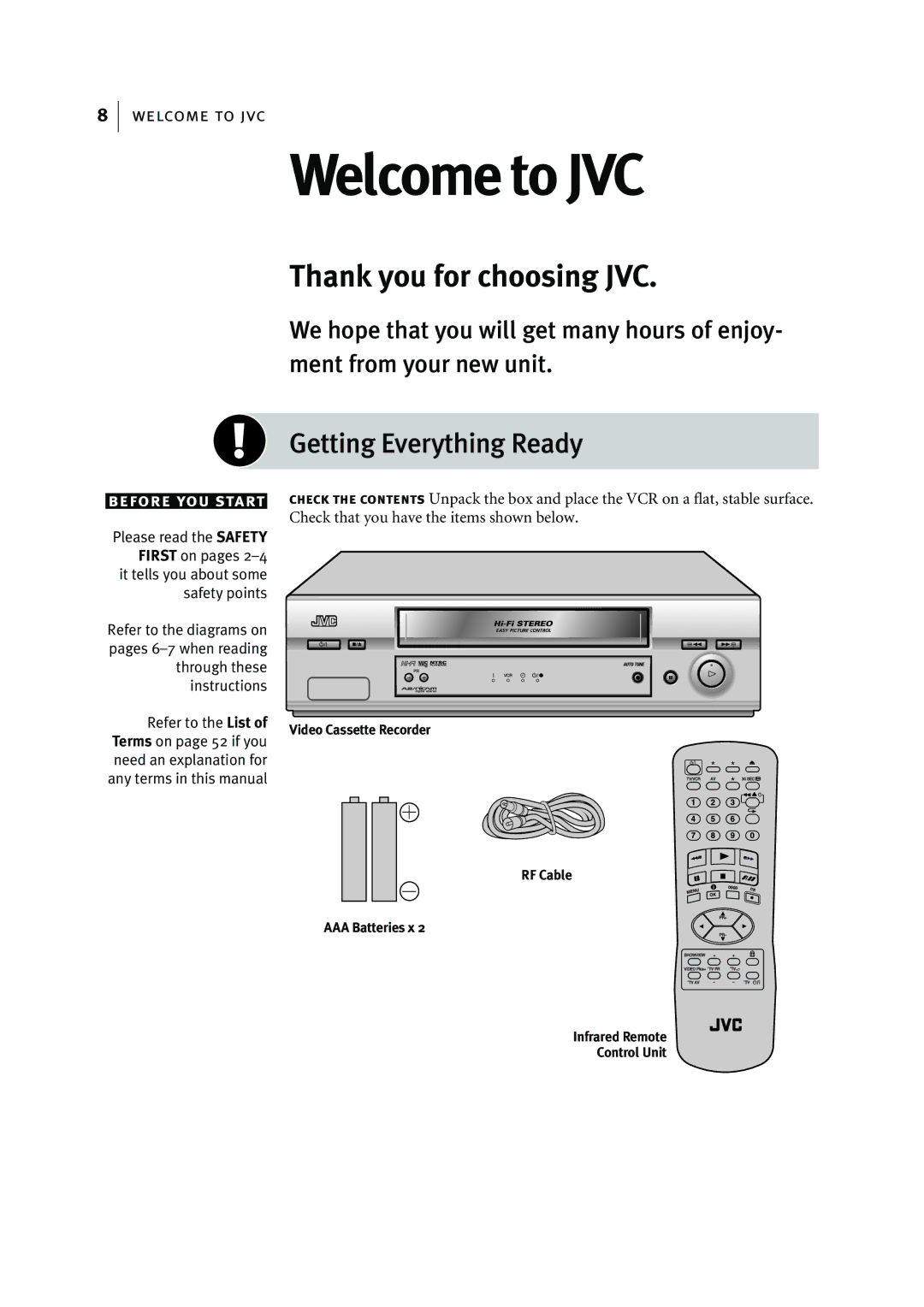 JVC HR-J595EK manual Welcome to JVC, Getting Everything Ready 