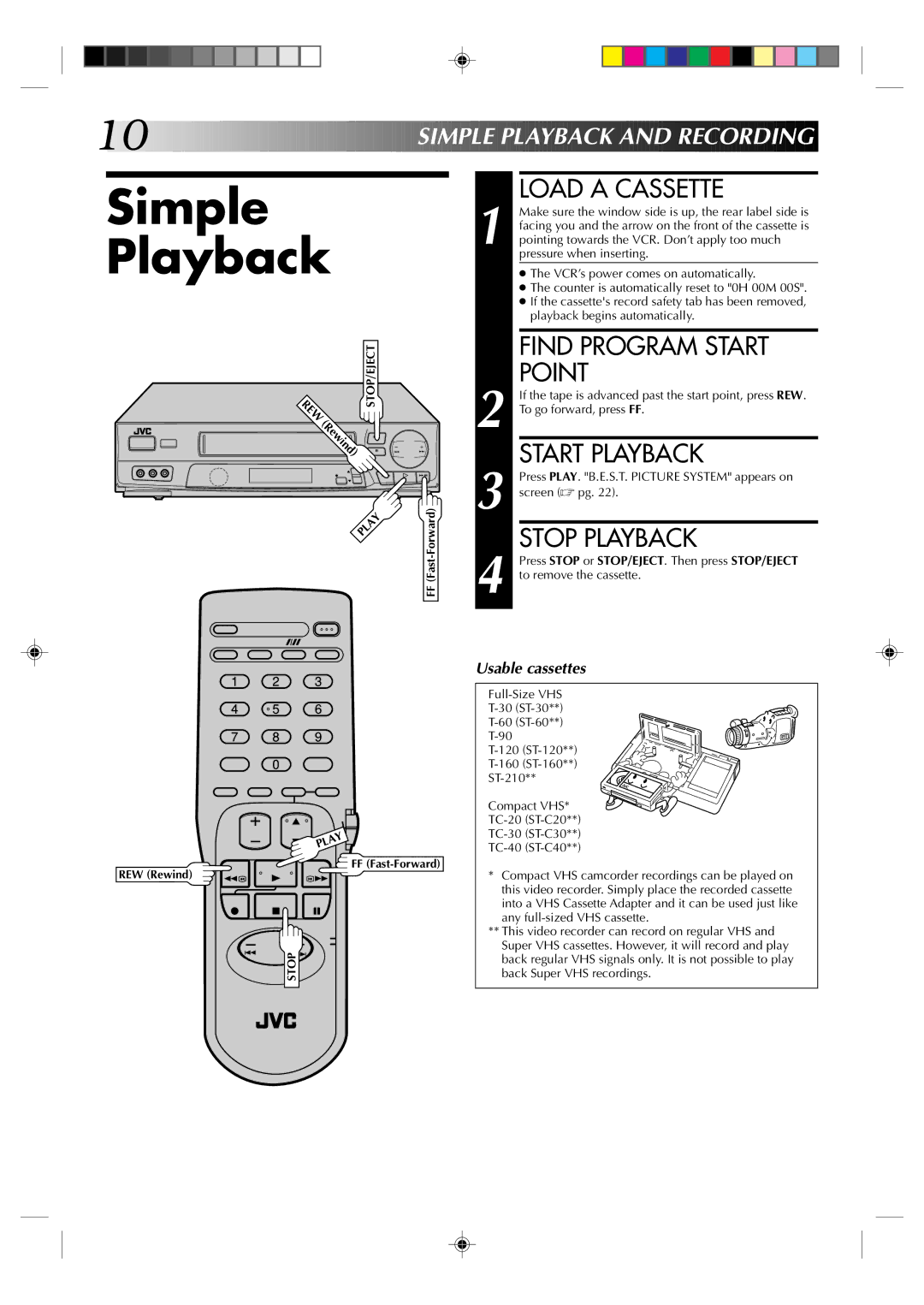 JVC HR-J6003UM manual Simple Playback, Load a Cassette, Find Program Start Point, Start Playback, Stop Playback 