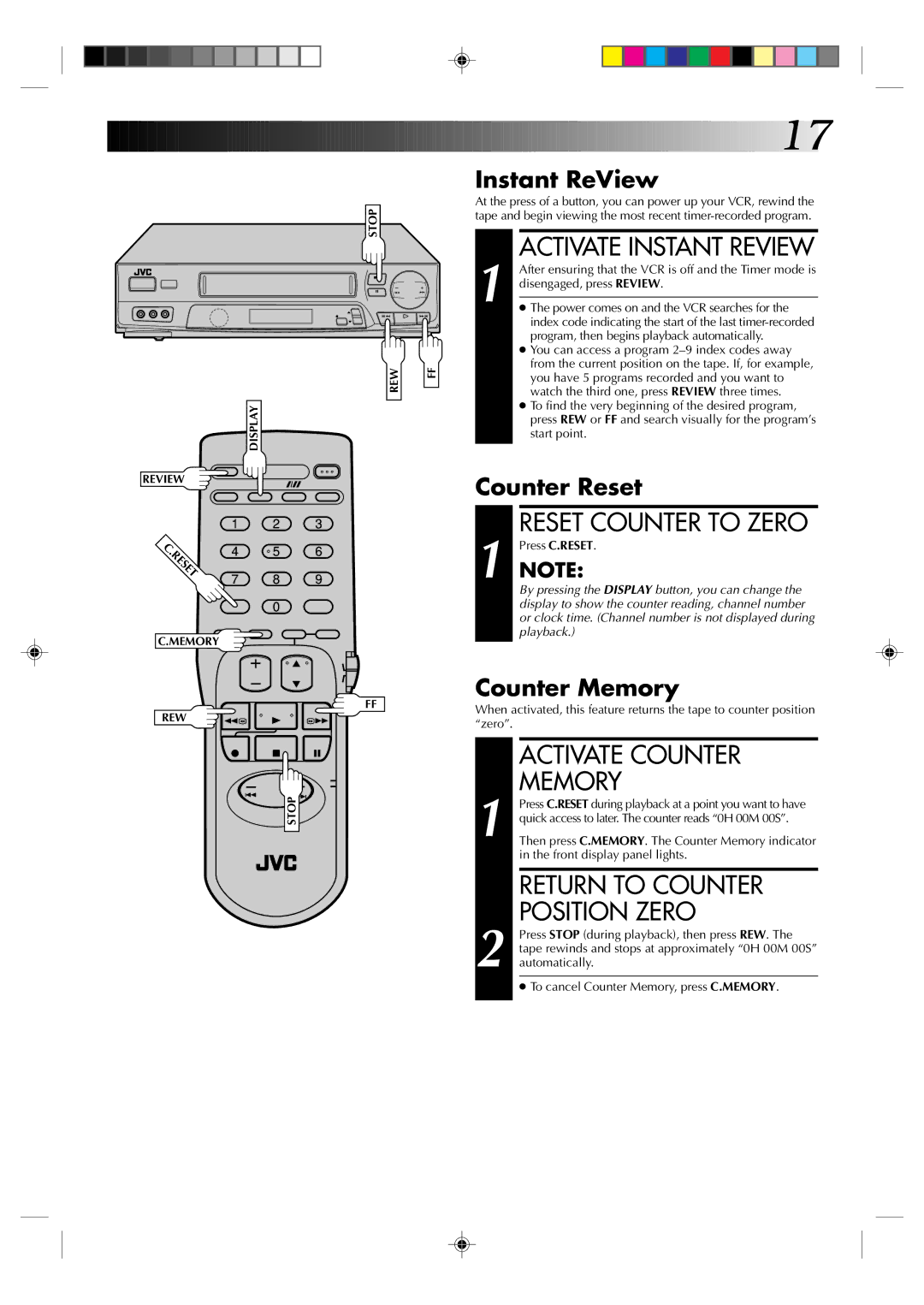 JVC HR-J6003UM manual Activate Instant Review, Activate Counter, Memory, Return to Counter Position Zero 