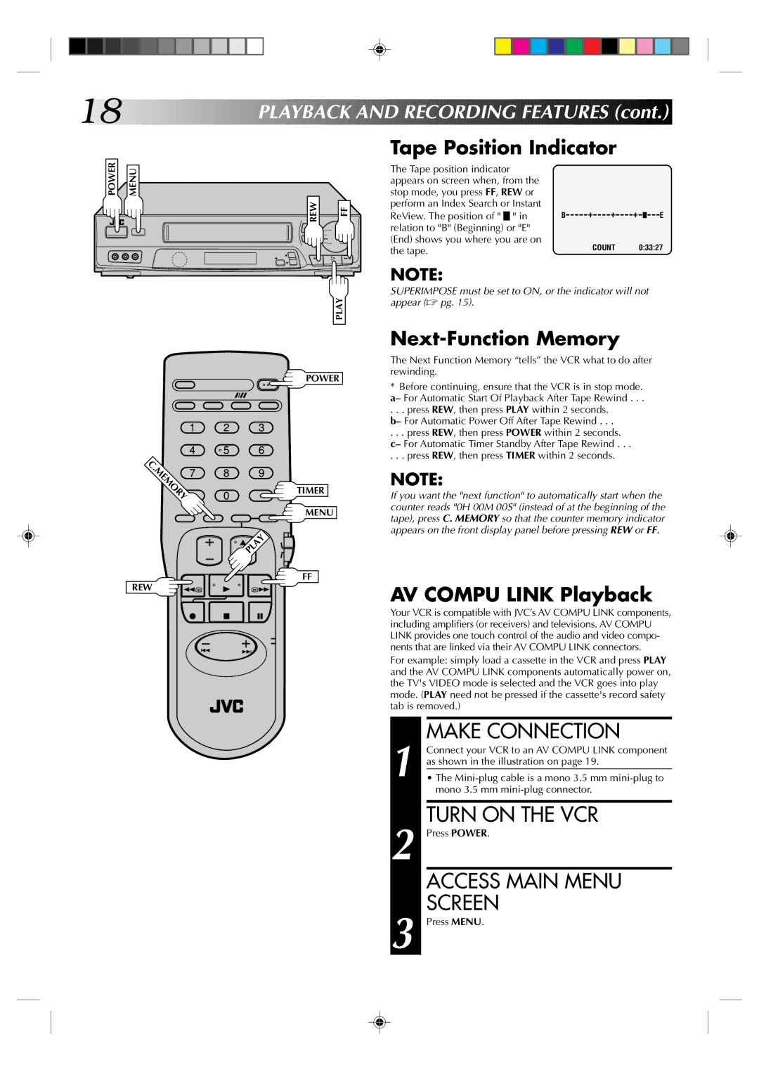 JVC HR-J6003UM manual Make Connection, Tape Position Indicator, Next-Function Memory, AV Compu Link Playback 