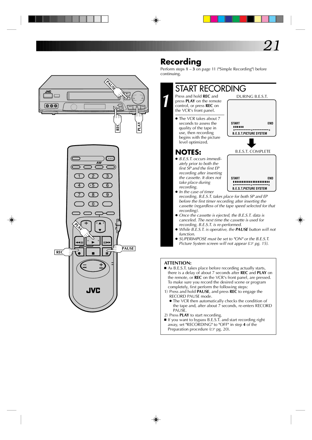 JVC HR-J6003UM manual Recording, Press and hold REC, Quality of the tape Use, then recording 