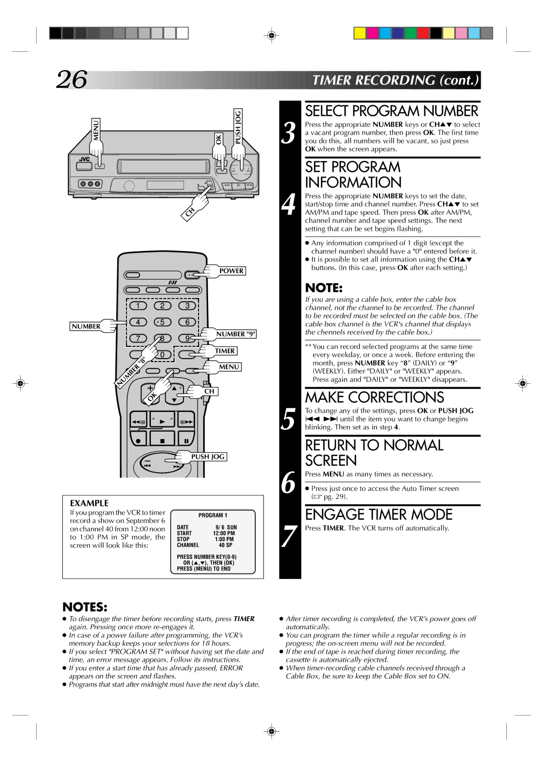 JVC HR-J6003UM manual Select Program Number, SET Program Information, Engage Timer Mode 