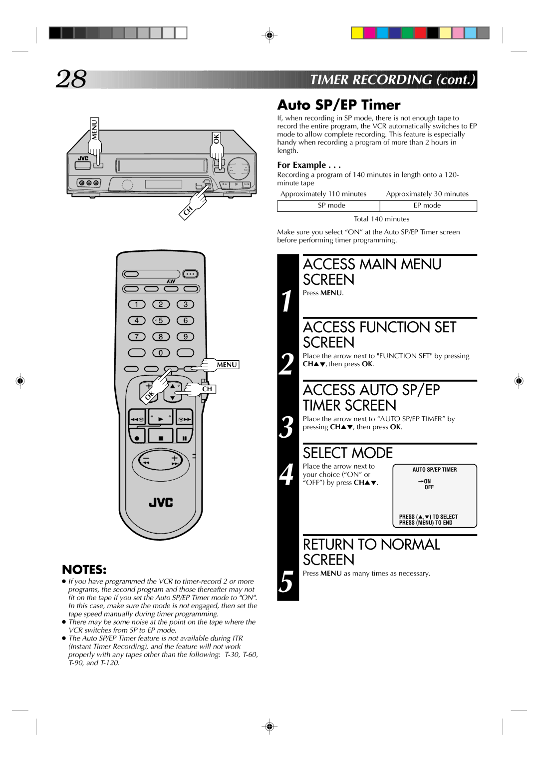 JVC HR-J6003UM manual Access Auto SP/EP, Auto SP/EP Timer 