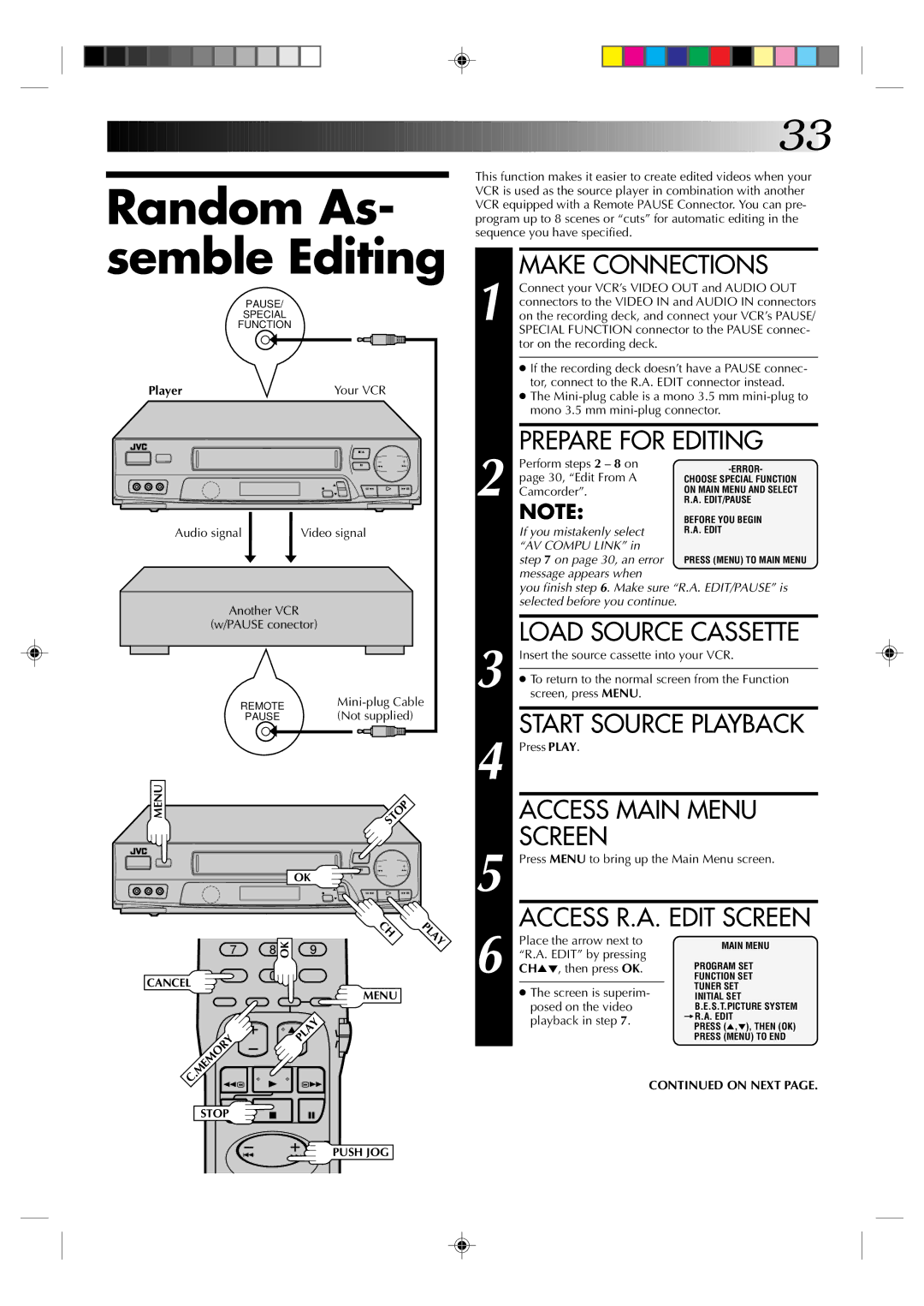 JVC HR-J6003UM manual Random As- semble Editing, Prepare for Editing 