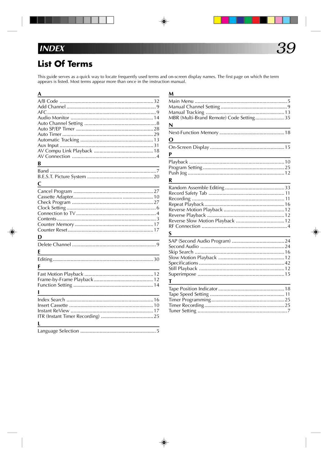 JVC HR-J6003UM manual List Of Terms, MBR Multi-Brand Remote Code Setting 