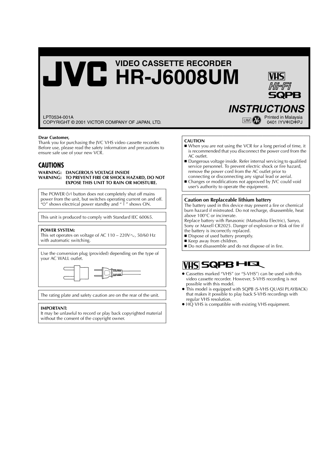 JVC LPT0534-001A manual HR-J6008UM, Dear Customer 