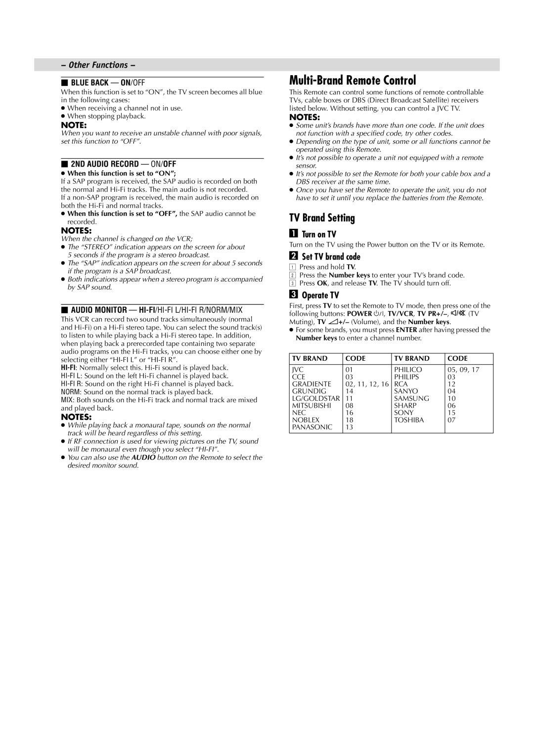 JVC LPT0534-001A, HR-J6008UM manual TV Brand Setting, Turn on TV, Set TV brand code, Operate TV 