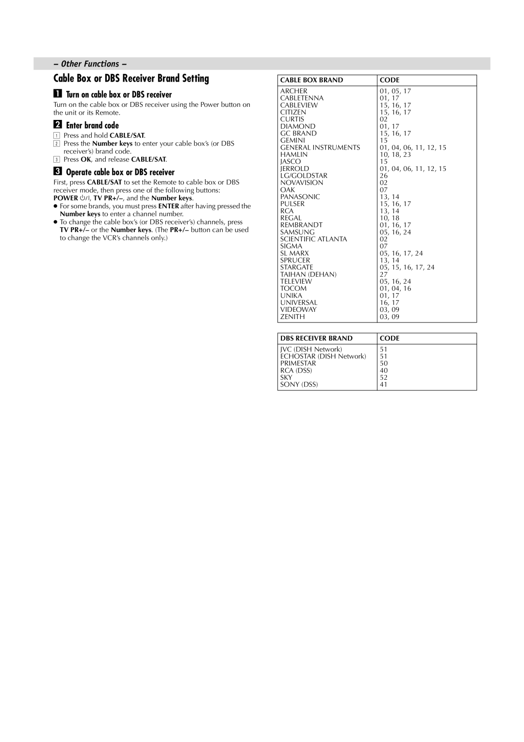 JVC HR-J6008UM, LPT0534-001A Cable Box or DBS Receiver Brand Setting, Turn on cable box or DBS receiver, Enter brand code 