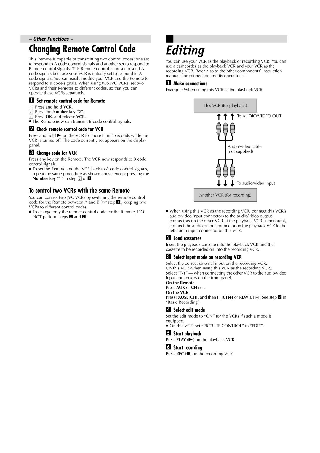 JVC LPT0534-001A, HR-J6008UM manual Editing, To control two VCRs with the same Remote 