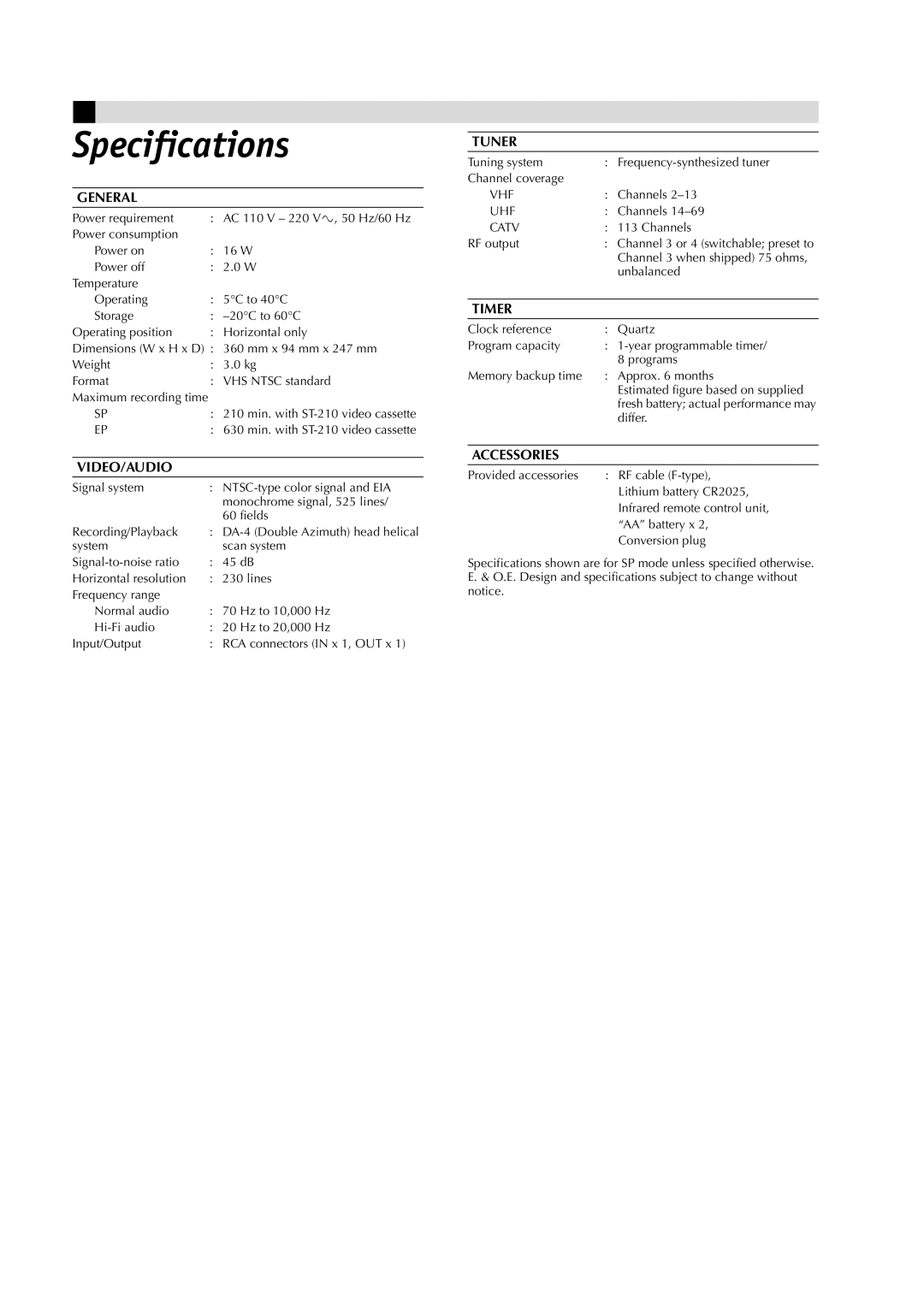 JVC HR-J6008UM, LPT0534-001A manual Specifications, General 