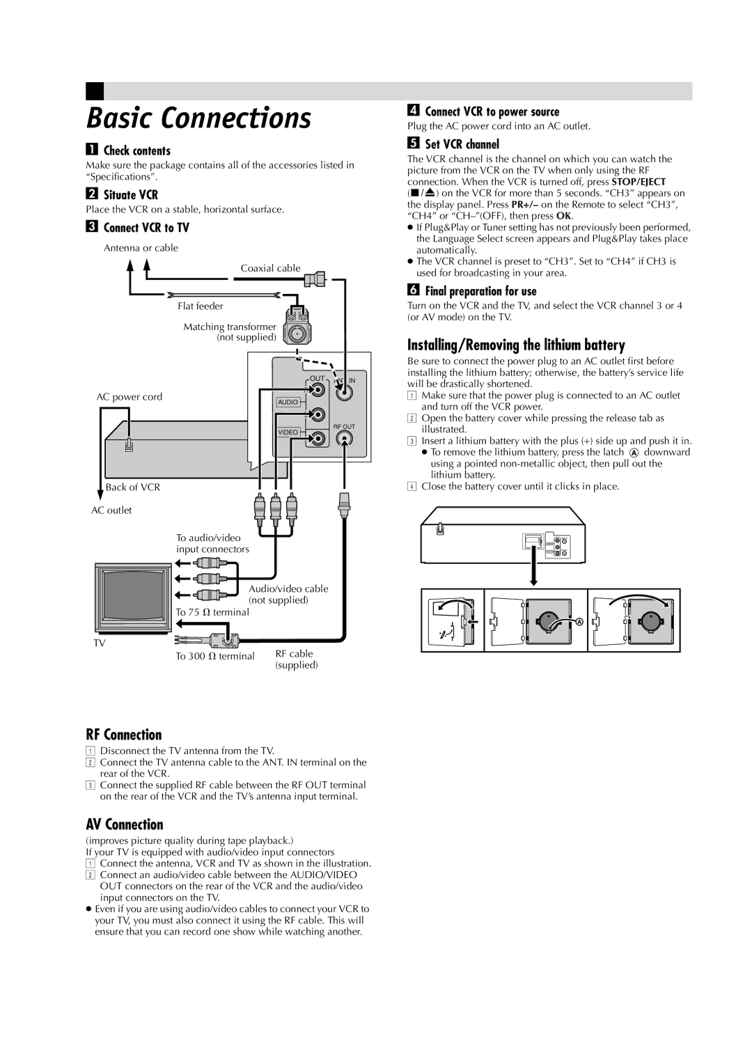 JVC LPT0534-001A, HR-J6008UM manual Basic Connections, RF Connection, AV Connection, Installing/Removing the lithium battery 