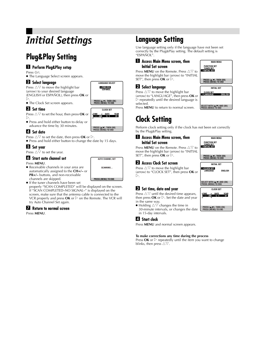 JVC HR-J6008UM, LPT0534-001A manual Initial Settings, Plug&Play Setting Language Setting, Clock Setting 