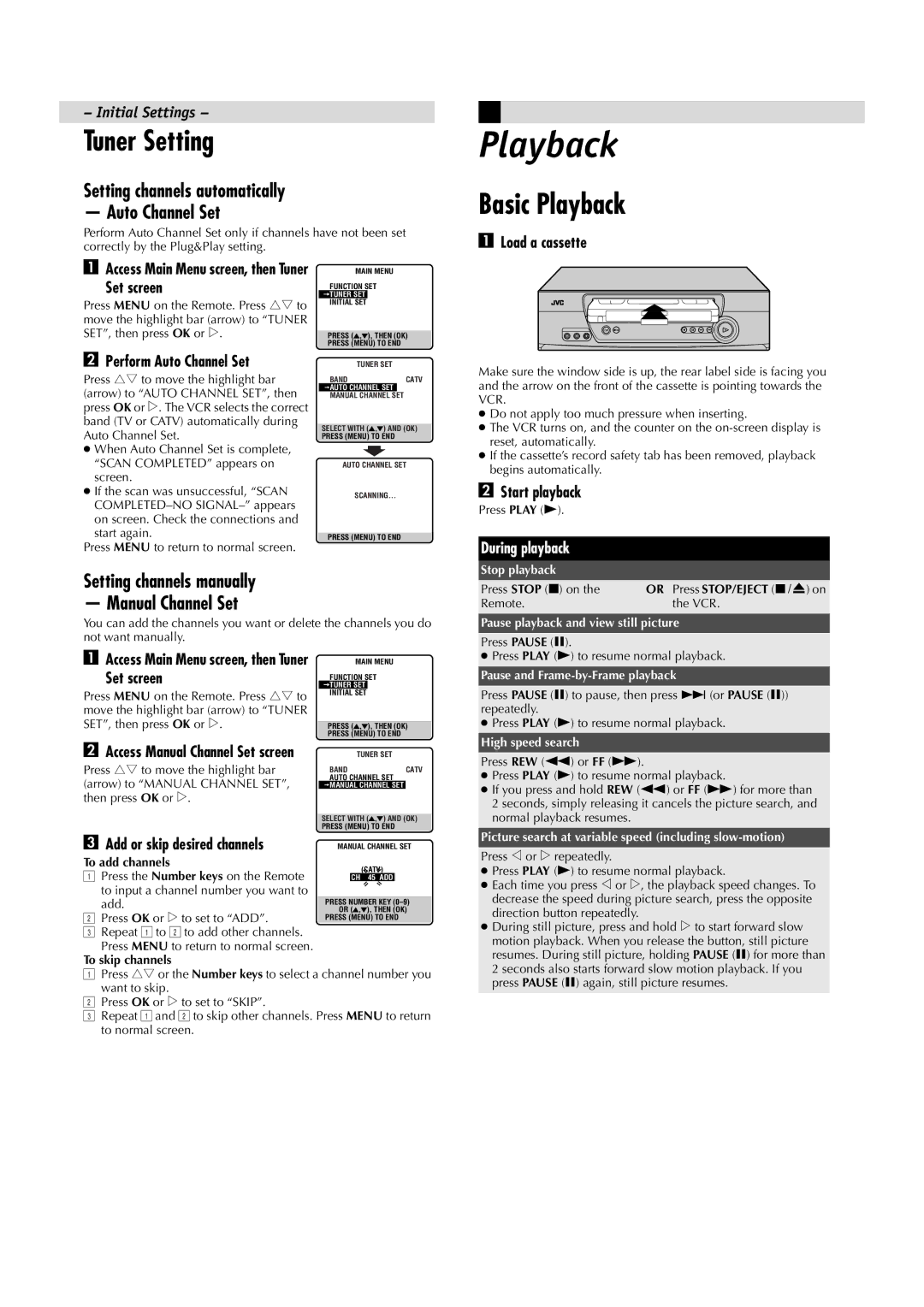 JVC LPT0534-001A, HR-J6008UM manual Tuner Setting, Basic Playback, Setting channels automatically Auto Channel Set 