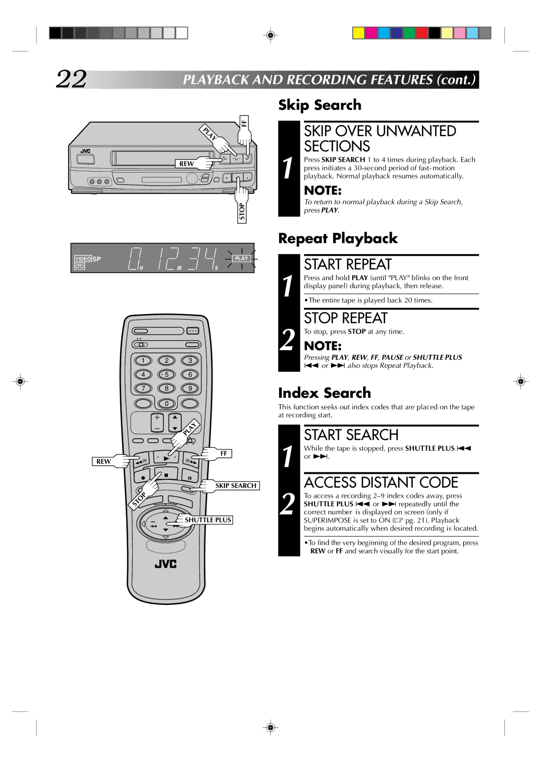 JVC HR-J630U manual Skip Over Unwanted Sections, Start Repeat, Stop Repeat, Start Search, Access Distant Code 