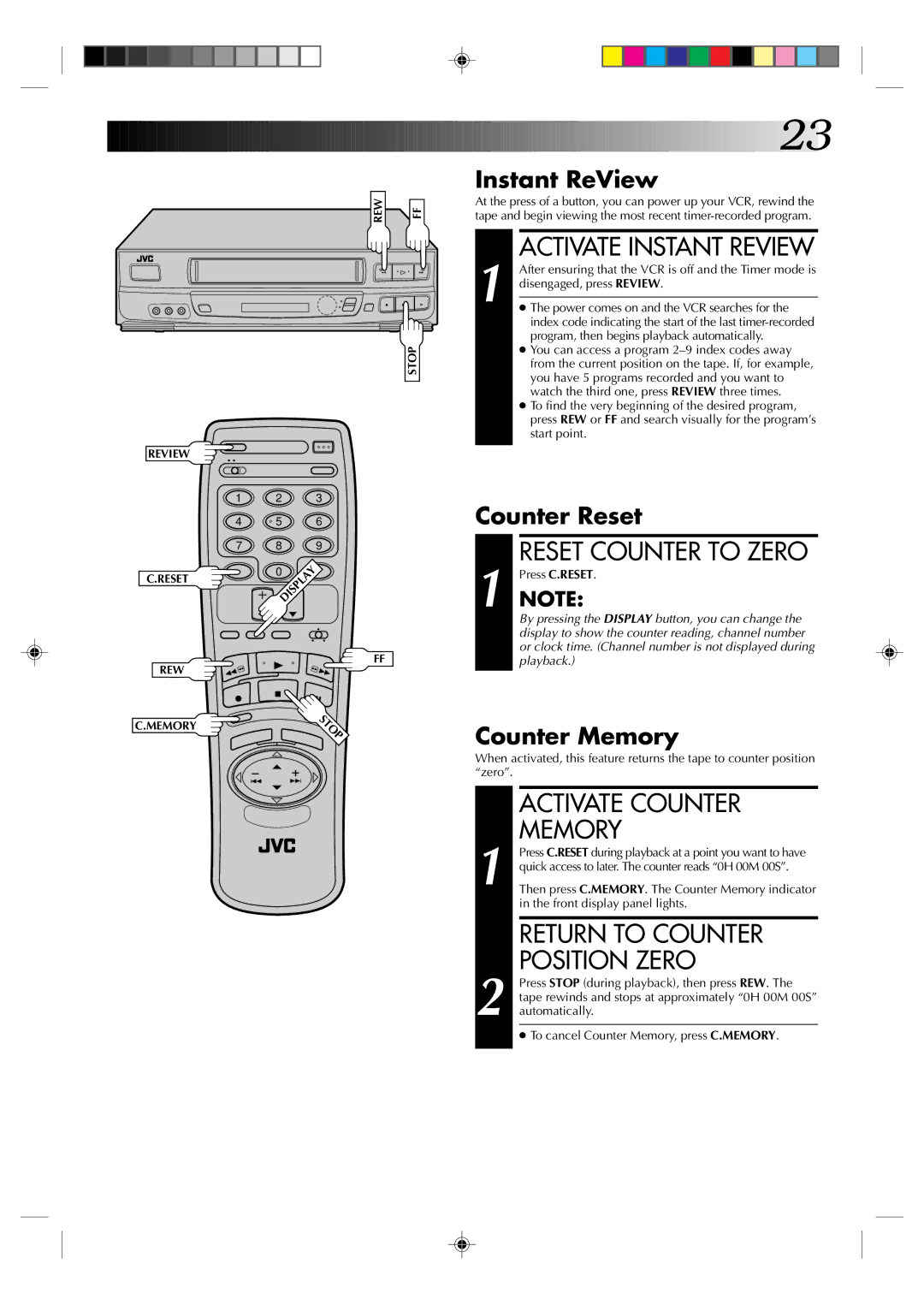 JVC HR-J630U Activate Instant Review, Reset Counter to Zero, Activate Counter, Memory, Return to Counter Position Zero 