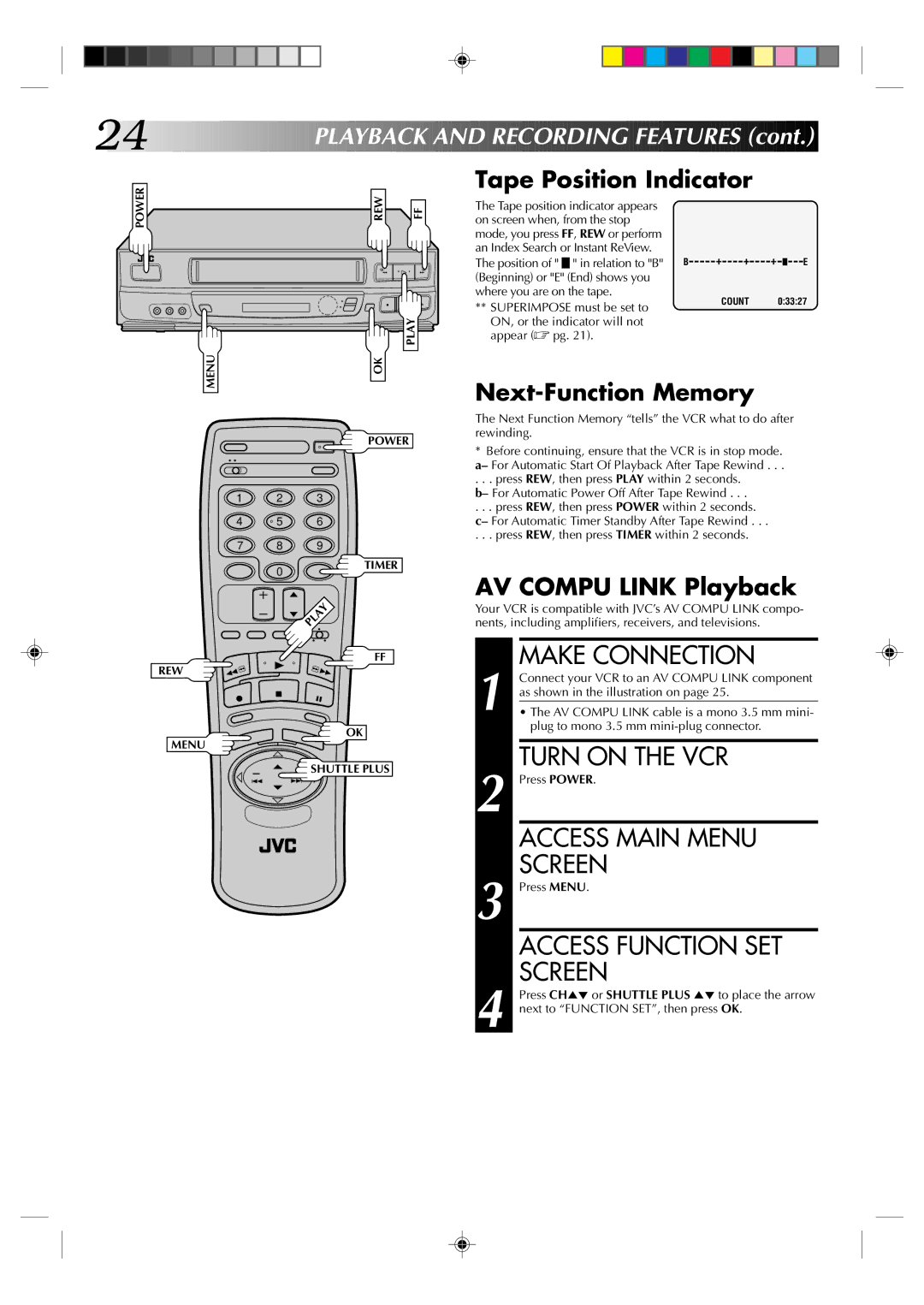 JVC HR-J630U manual Make Connection, Tape Position Indicator, Next-Function Memory, AV Compu Link Playback 