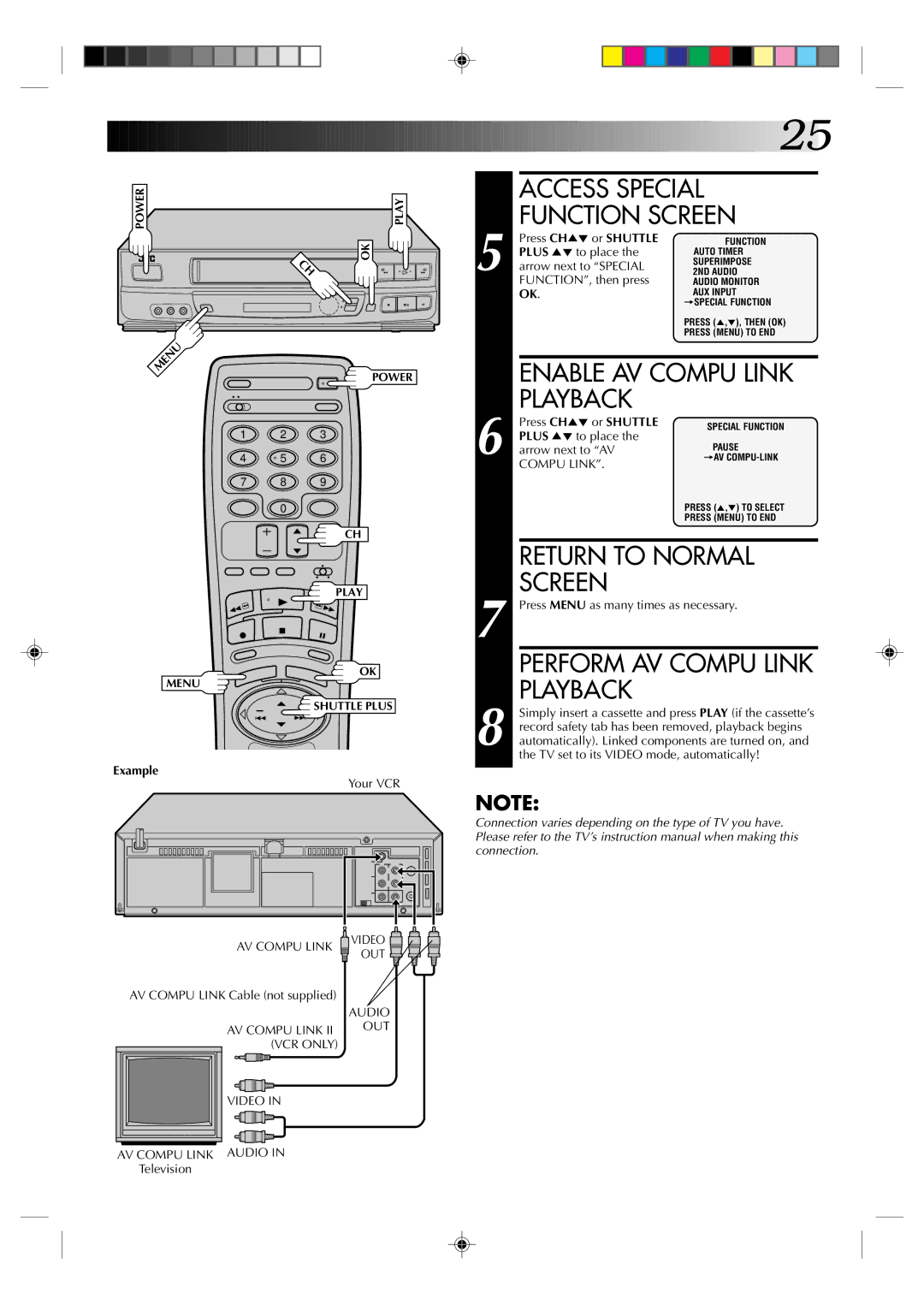 JVC HR-J630U manual Example, Press CH 5 or Shuttle, Plus 5 to place, Arrow next to Special, FUNCTION, then press 