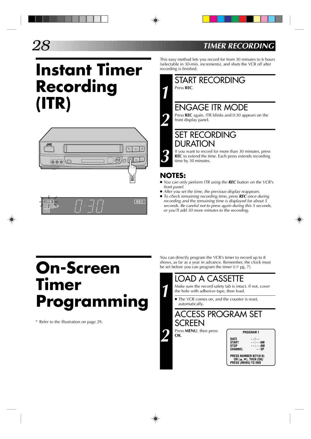 JVC HR-J630U manual Instant Timer Recording ITR, On-Screen Timer Programming, Engage ITR Mode, SET Recording Duration 