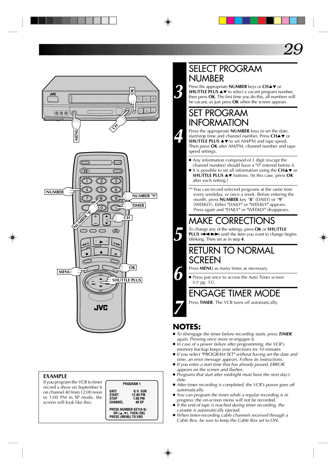 JVC HR-J630U manual Select Program Number, SET Program, Information, Engage Timer Mode 