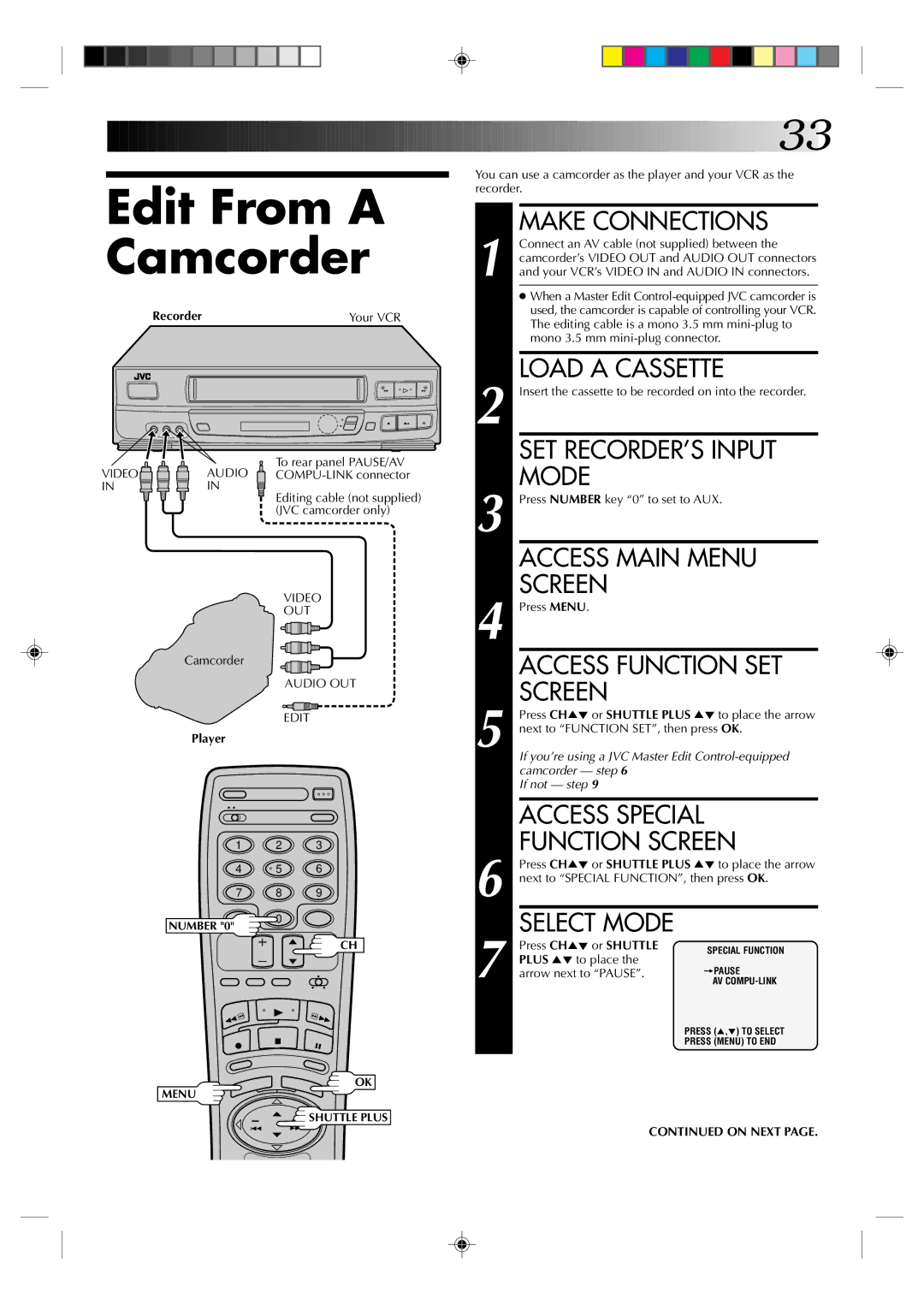 JVC HR-J630U manual Edit From a Camcorder, SET RECORDER’S Input, Mode, Access Special, Function Screen 