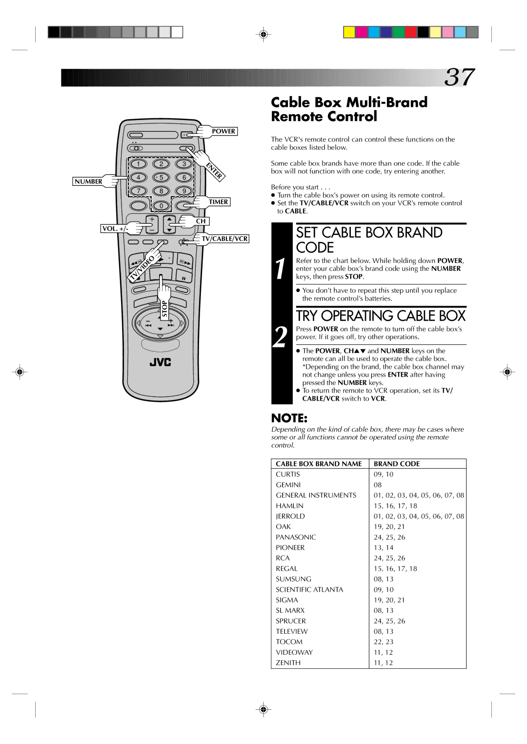 JVC HR-J630U manual SET Cable BOX Brand Code, TRY Operating Cable BOX, Cable Box Multi-Brand Remote Control 