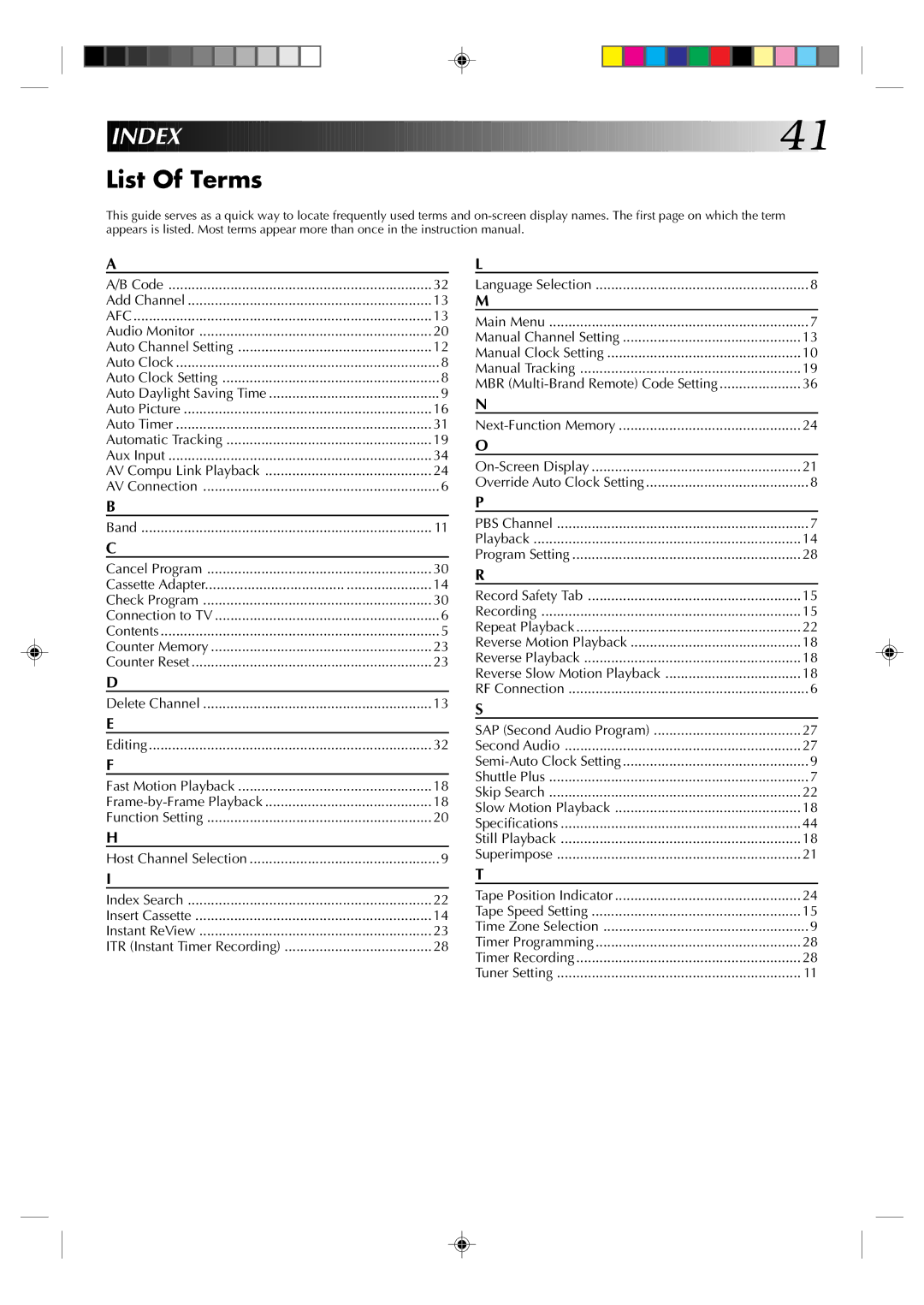 JVC HR-J630U manual Index, List Of Terms 